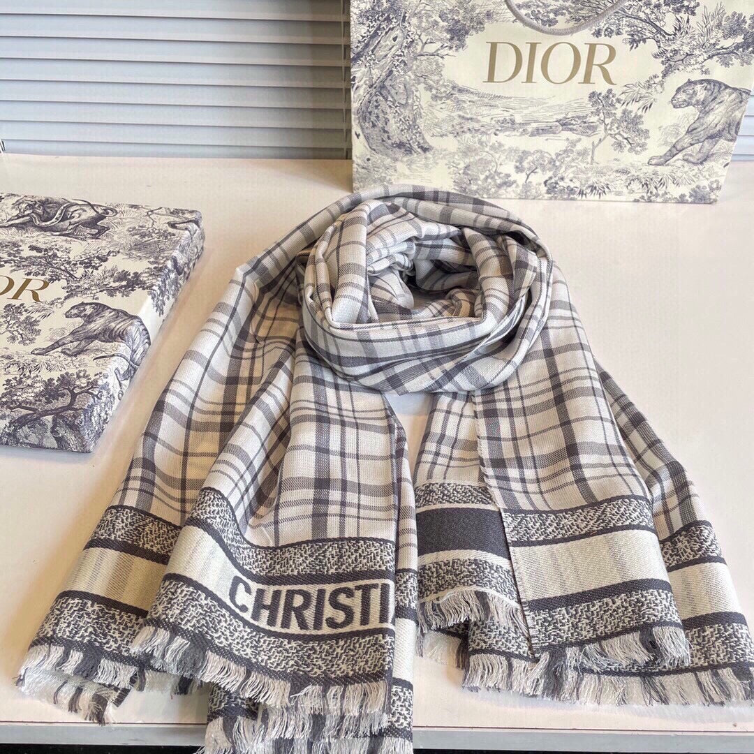 DIOR SCARF 200 CM IN BLACK MIX WHITE CASHMERE AND SILK 418334