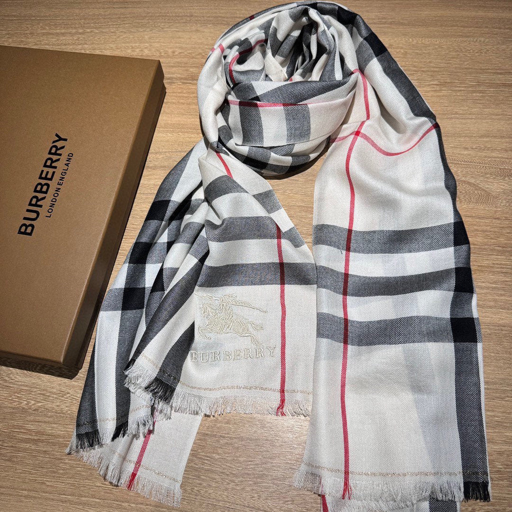 BURBERRY CHECK SCARF 200 CM IN WHITE MIX BLACK WOOL 410342